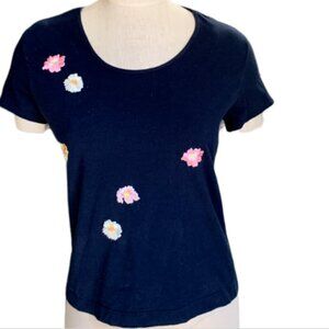 Josie Natori Embroidered Flowers Tee Top 100% Cotton S Black 76G